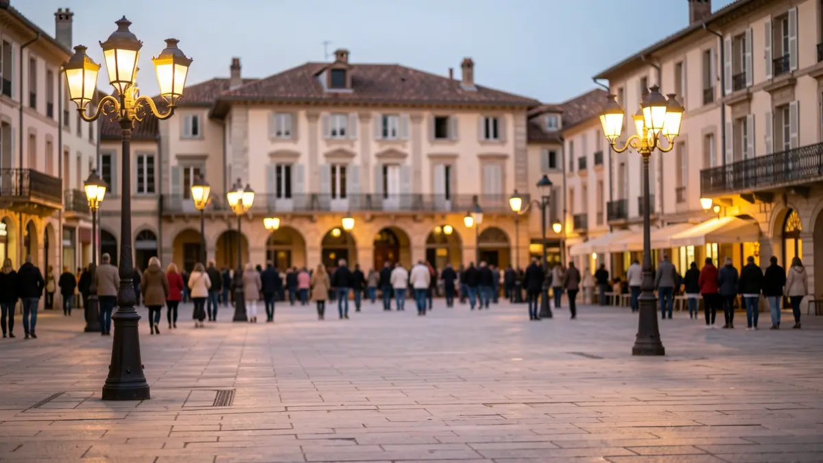 Generic image of an empty town square in southern France, illuminated by streetlights in the evening.