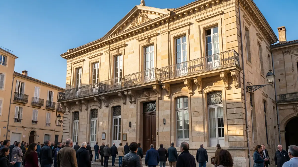 Facade of a stone town hall in the South of France, with ornate balconies and iron railings, bathed in warm afternoon sunlight.