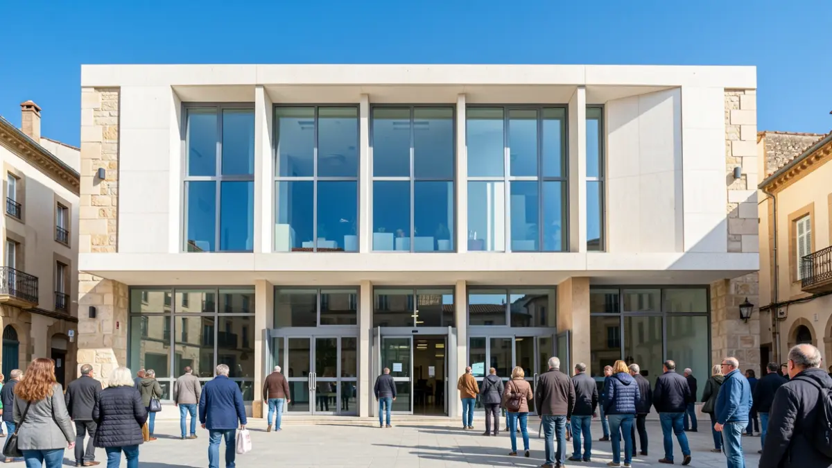 Image générique de la façade d'un bâtiment municipal moderne dans le sud de la France, avec des éléments architecturaux locaux discrets et un ciel bleu clair.