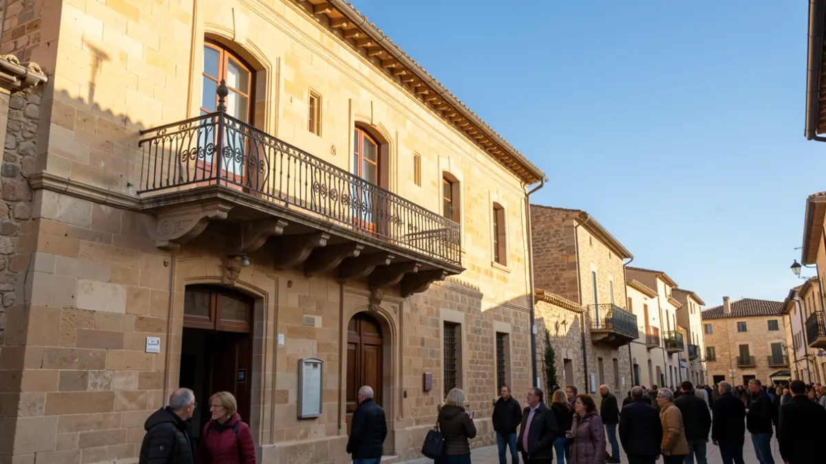 Generic image of a Southern French town hall facade with a balcony and iron railings, in the afternoon sun.