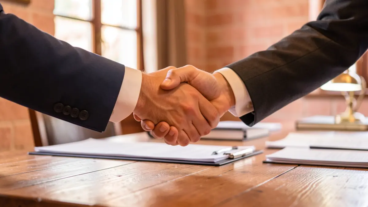Close-up of the hands of the mayor of Lourdes and the prefect shaking over a desk, symbolizing the signing of the Territorial Contract for Reception and Integration.