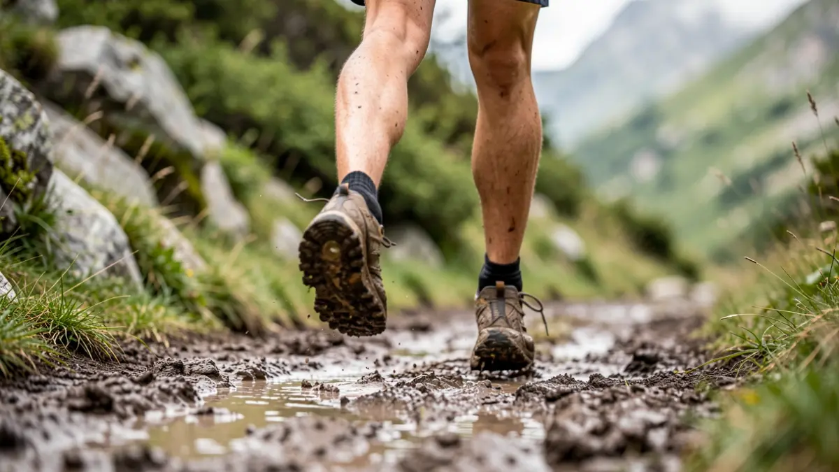 Des pieds de coureurs en chaussures de trail traversant un sentier boueux dans les Pyrénées, avec un feuillage vert et des rochers flous en arrière-plan, lumière naturelle douce.