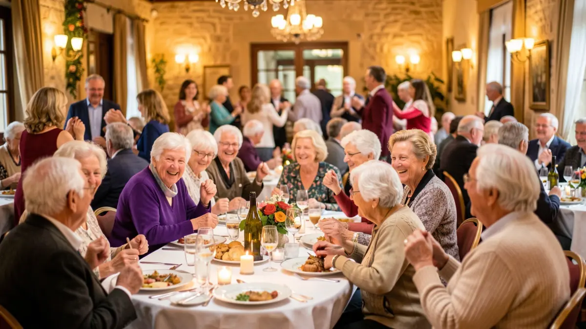 Generic image of a senior citizens' party with meal and dancing.