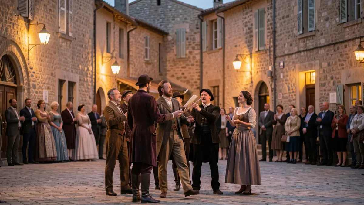 Image générique d'une troupe de théâtre se produisant dans une vieille ville au crépuscule, avec des passants en arrière-plan.