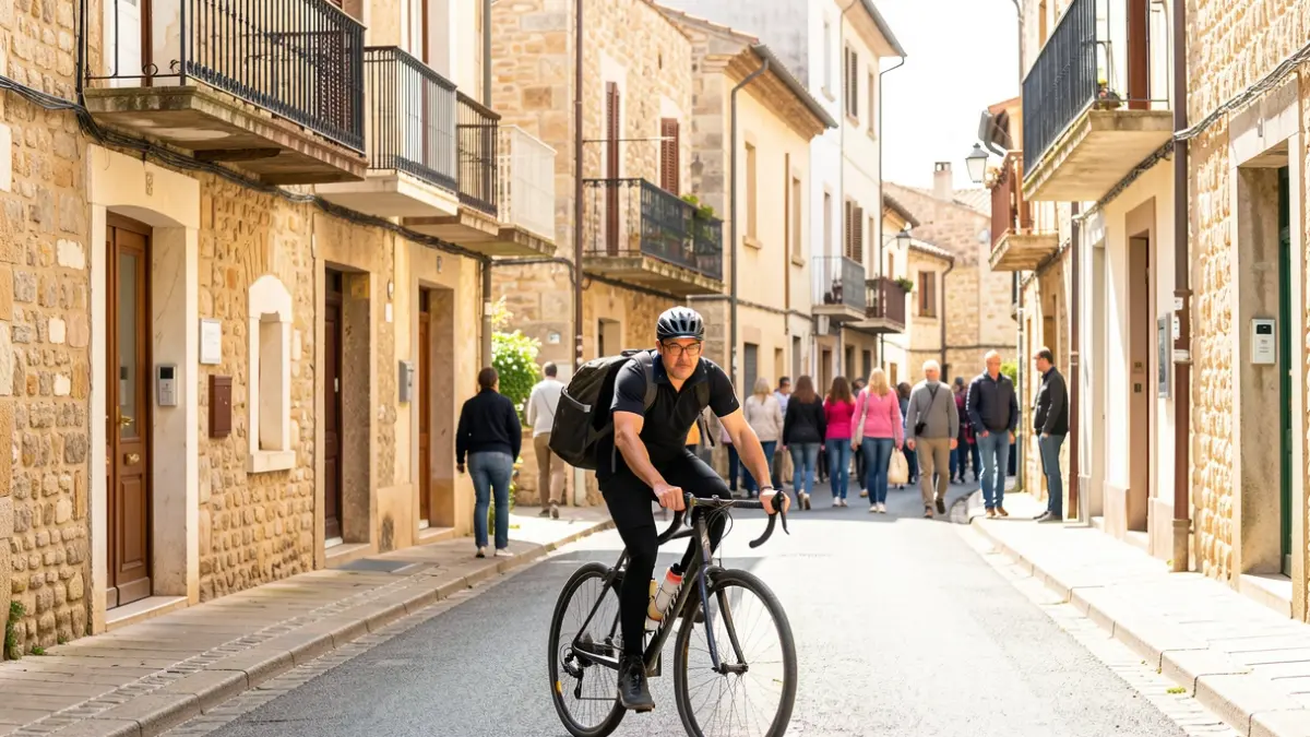 Generic image of a bicycle courier in a sunny street of a southern French town with stone buildings.