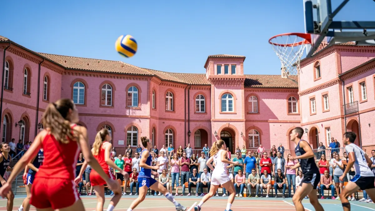 Generic image of a university sports competition in Occitanie, featuring blurred sports action elements and local architecture in the background.
