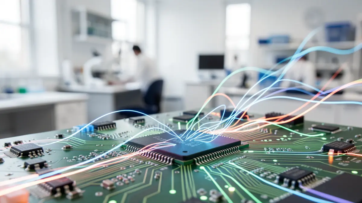 Generic image of circuit boards with abstract data streams, symbolizing AI research.