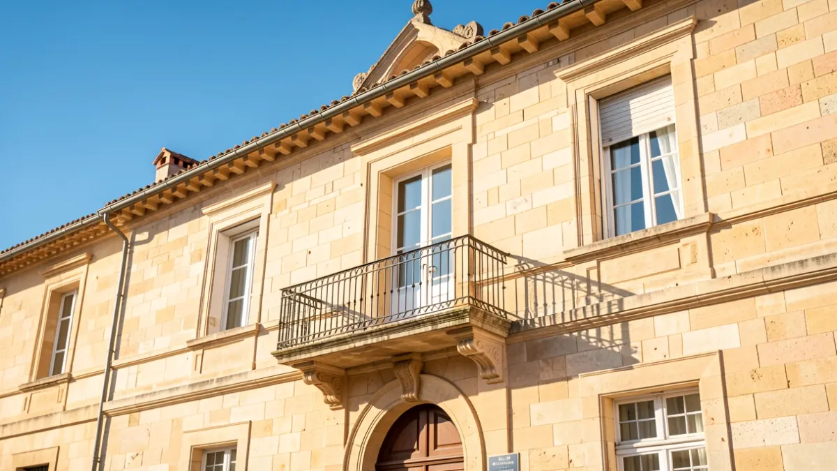 Image générique de la façade d'une mairie en Occitanie, avec un balcon et des balustrades en fer forgé, sous un ciel bleu dégagé. Le bâtiment est en pierre claire. Lumière du jour.