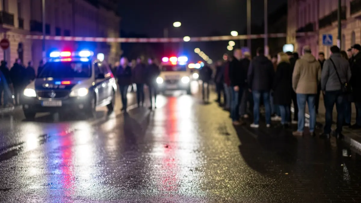 Image générique de lumières d'urgence bleues et rouges reflétant sur l'asphalte mouillé la nuit, avec un cordon de police flou en arrière-plan.