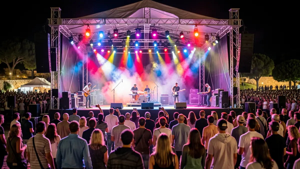 Image générique d'une scène de festival de musique la nuit en Occitanie, avec des lumières vives et une foule floue.