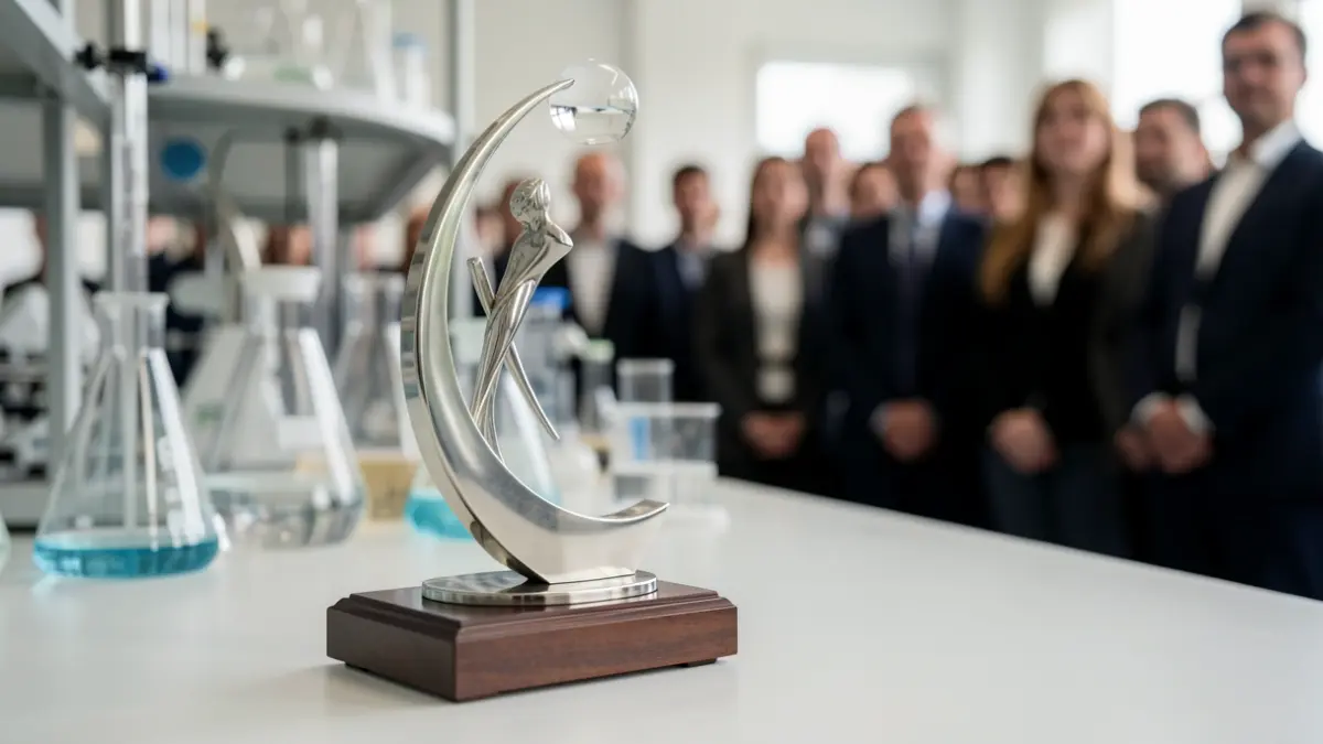 Image générique d'un prix scientifique sur un établi de laboratoire, avec du matériel scientifique flou en arrière-plan.