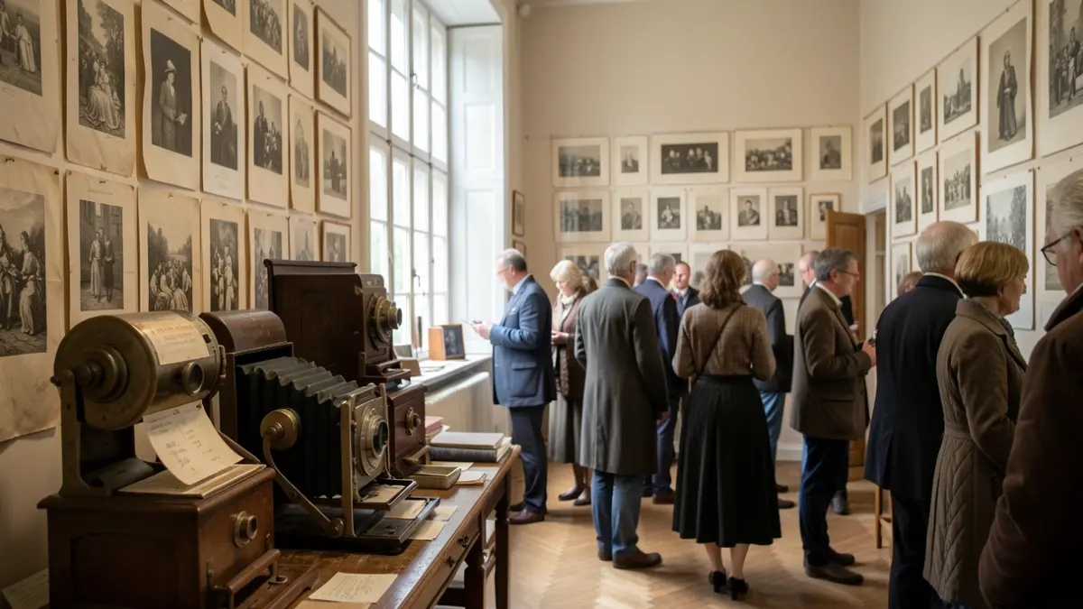 Generic image of a historical photography studio with old equipment and prints on the walls.