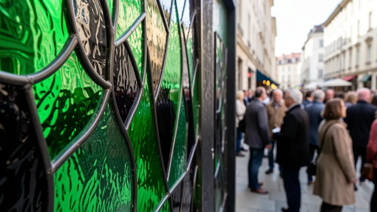 Gros plan de vitrail aux couleurs vert émeraude et noir profond, la lumière filtrant à travers, créant des motifs abstraits.