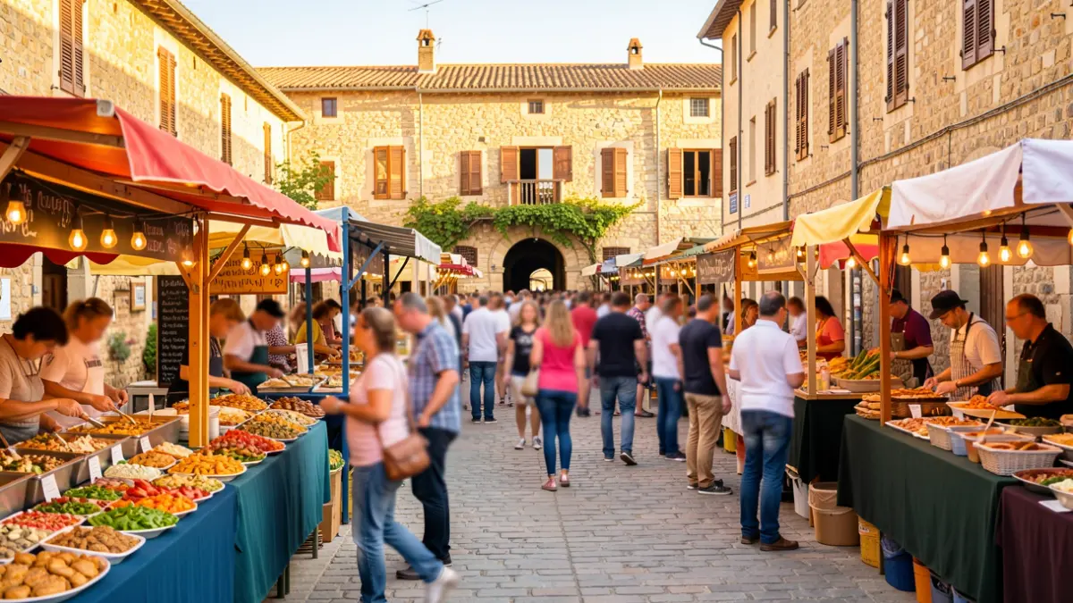 Image générique d'une fête gastronomique en extérieur dans un village du sud de la France, avec des étals de nourriture et une foule floue.