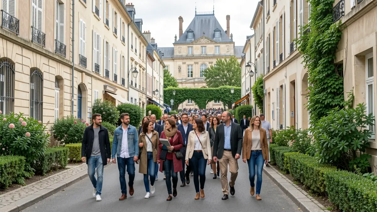 Generic image of an urban walk in a French town, with participants observing the urban landscape and the town hall building.