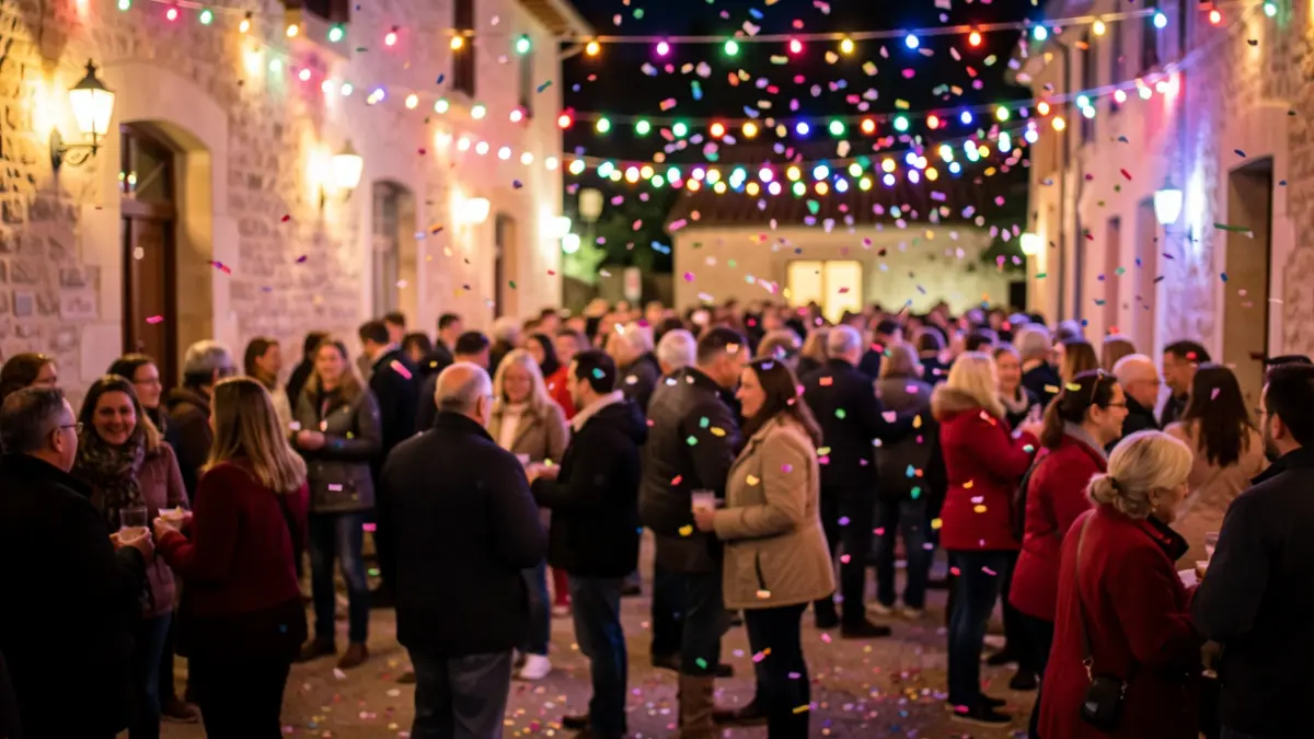 Image générique d'une fête de village avec des lumières colorées et une ambiance festive.
