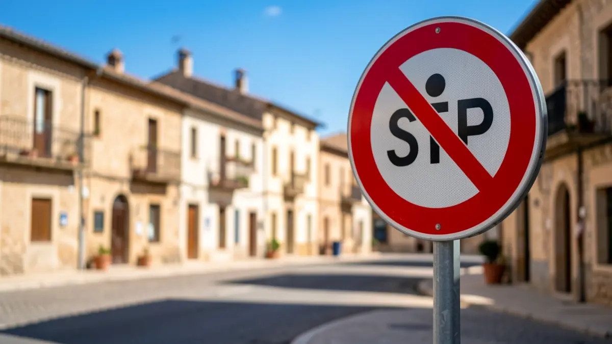 Road sign indicating speed reduction in a village square in southwestern France, with local architecture in the background.