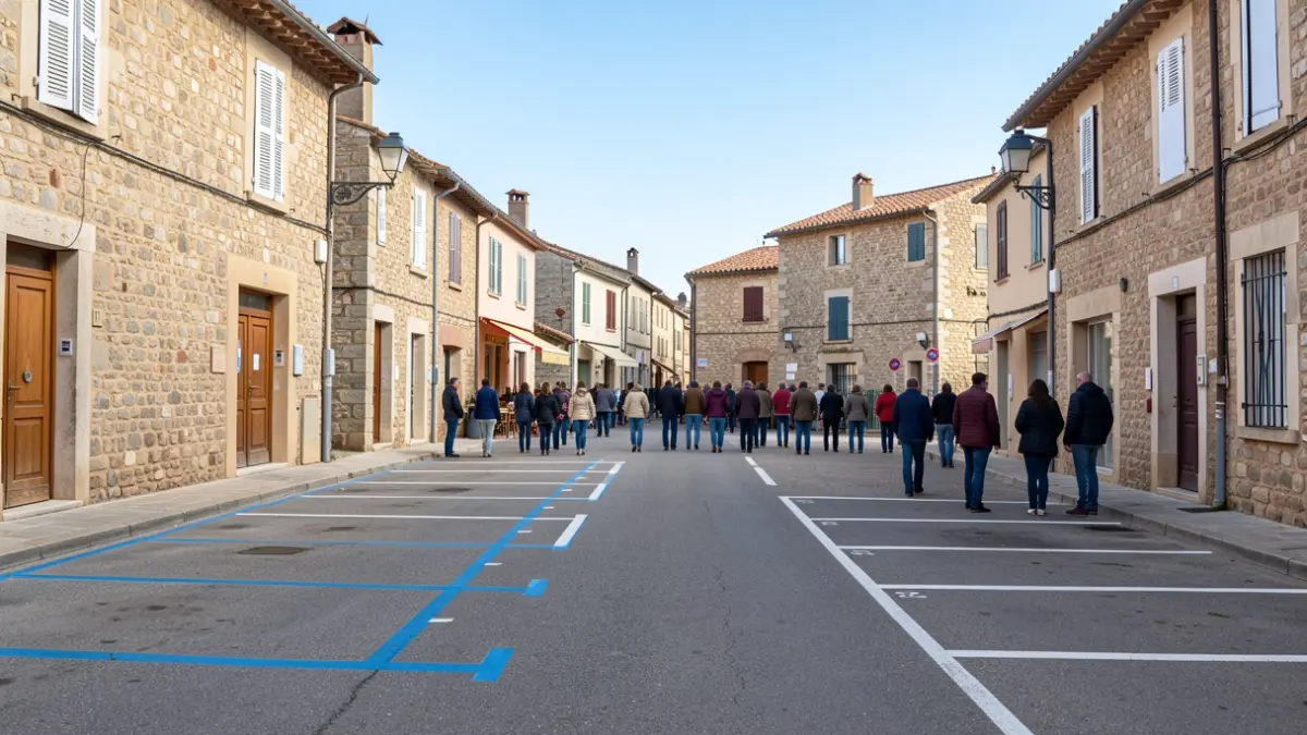 Image générique de places de stationnement délimitées par des lignes bleues dans une rue d'une commune d'Occitanie.