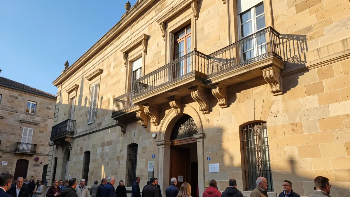 Stone facade of the Maureillas-las-Illas town hall with an ornate balcony and iron railings, in the afternoon sun.