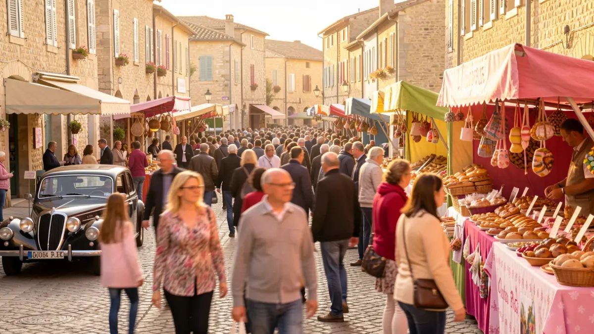 Generic image of a community 'Octobre Rose' event in a Southern French village, featuring participants, stalls, and a festive atmosphere.