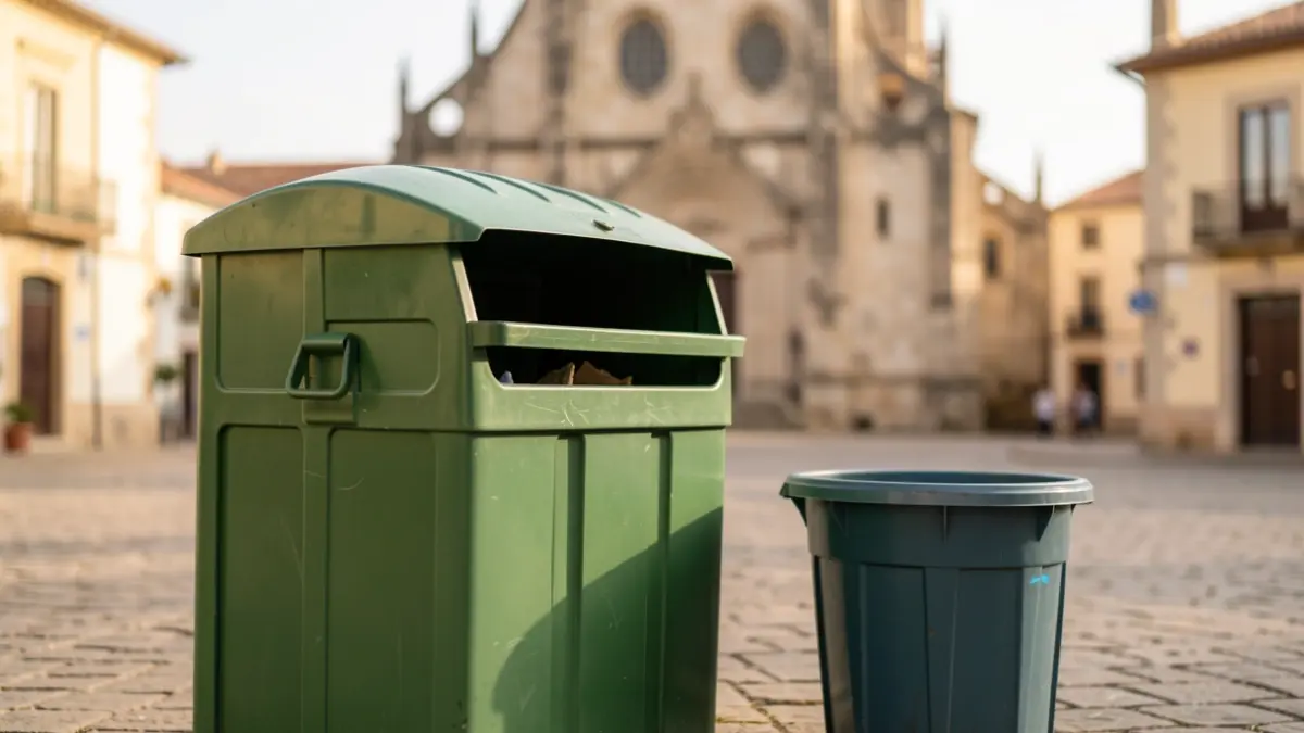 Generic image of bio-waste collection bins and a bio-seau, with a church facade in the background.