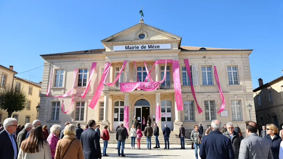 Façade de la mairie de Mèze décorée pour Octobre Rose.