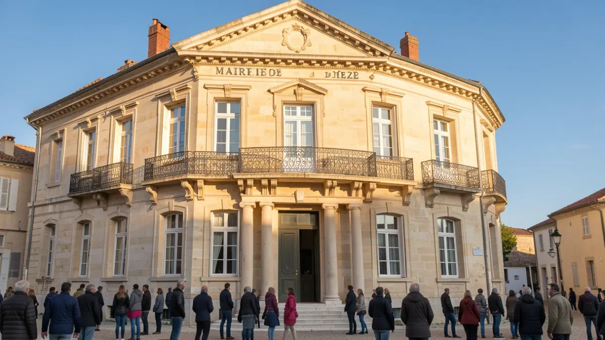 Facade of the Mairie de Mèze town hall, a classical stone building with an ornate balcony and iron railings. Warm afternoon sunlight illuminates the building.