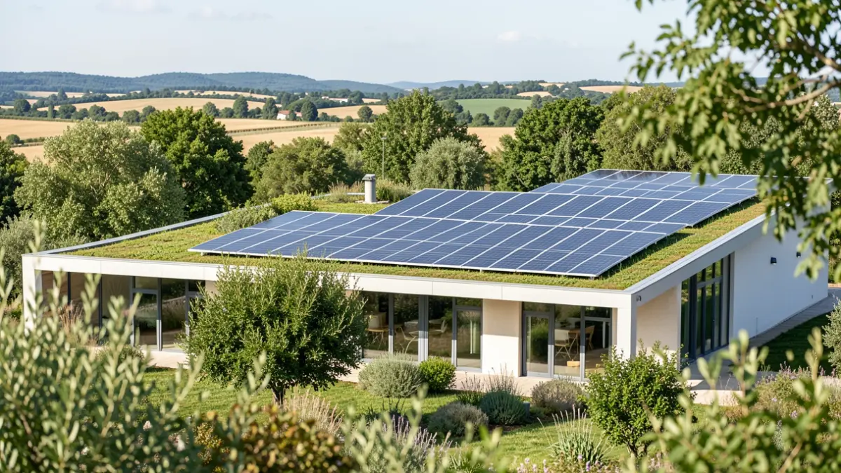 Generic image of a modern eco-center building with solar panels and green roof, surrounded by lush vegetation, daylight.