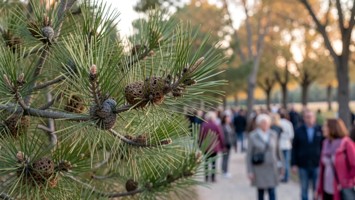 Nids de chenilles processionnaires sur des pins dans un parc public à Mèze, Occitanie, en fin de journée.