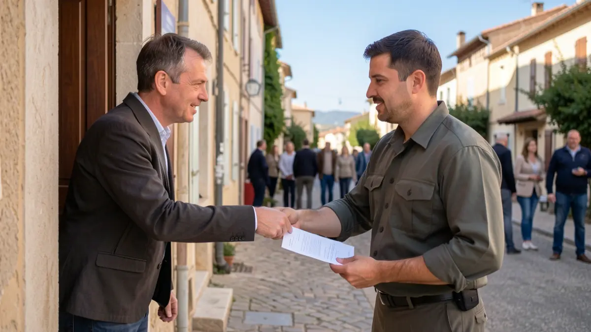 Image générique d'une interaction entre une personne en uniforme et un résident devant une maison, dans un style architectural du sud de la France.
