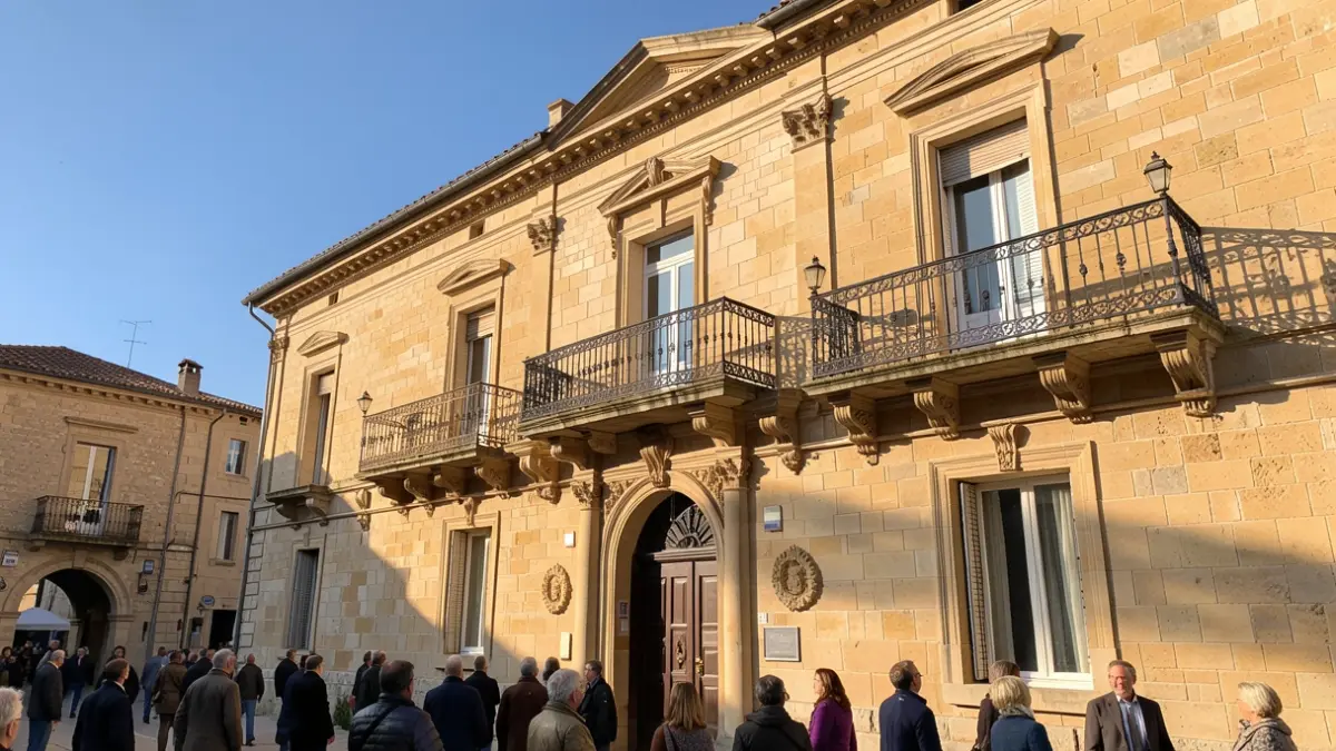 Façade de l'hôtel de ville de Millau, France, avec balcons ornés et garde-corps en fer forgé, sous le soleil d'après-midi.