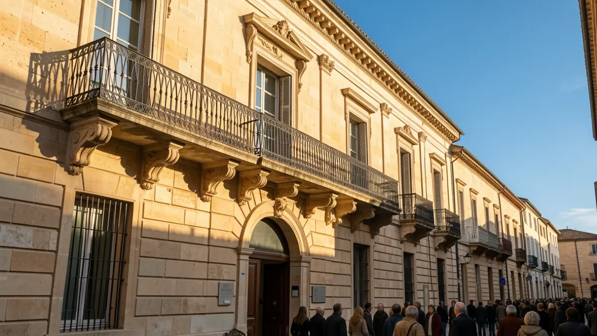 Facade of the Millau town hall with an ornate balcony and wrought iron railings, under the afternoon sun.