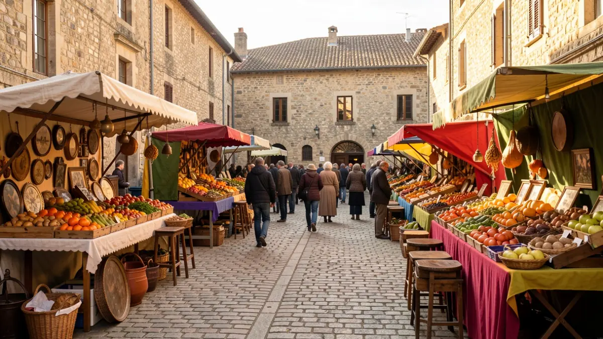 Image générique: avec des étals de marché colorés vendant des produits d'automne et des antiquités, sous un soleil d'après-midi.