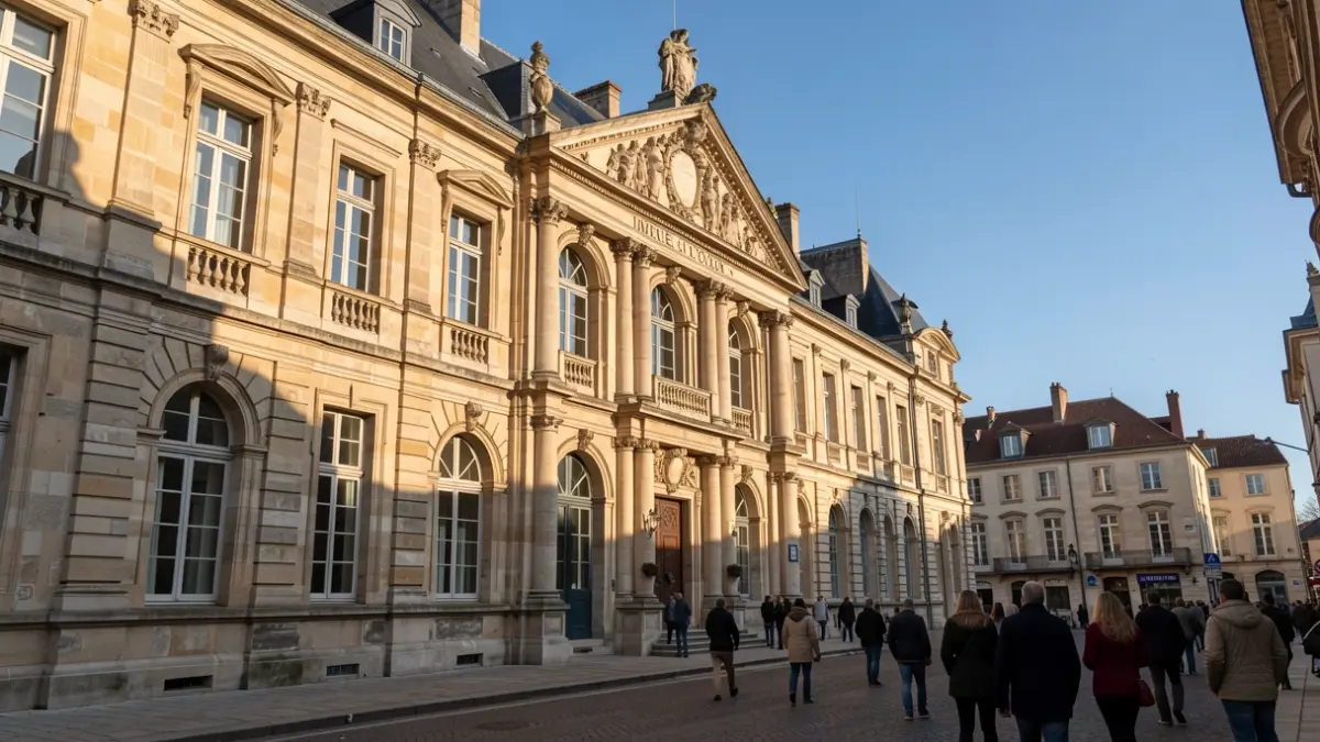 Facade of the Mirepoix town hall in the afternoon sun.