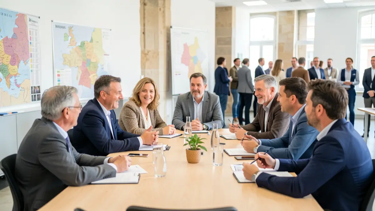 Generic image of a diverse group of citizens and regional elected officials discussing around a table in a modern meeting room.