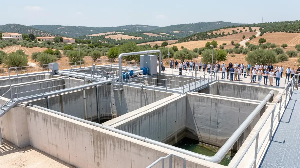 Image générique d'une usine de traitement d'eau moderne avec des réservoirs en béton et des tuyaux industriels, dans un paysage du sud de la France.