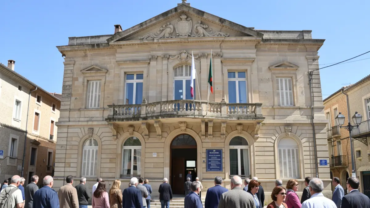 Façade de la mairie de Trèbes, bâtiment officiel en pierre.