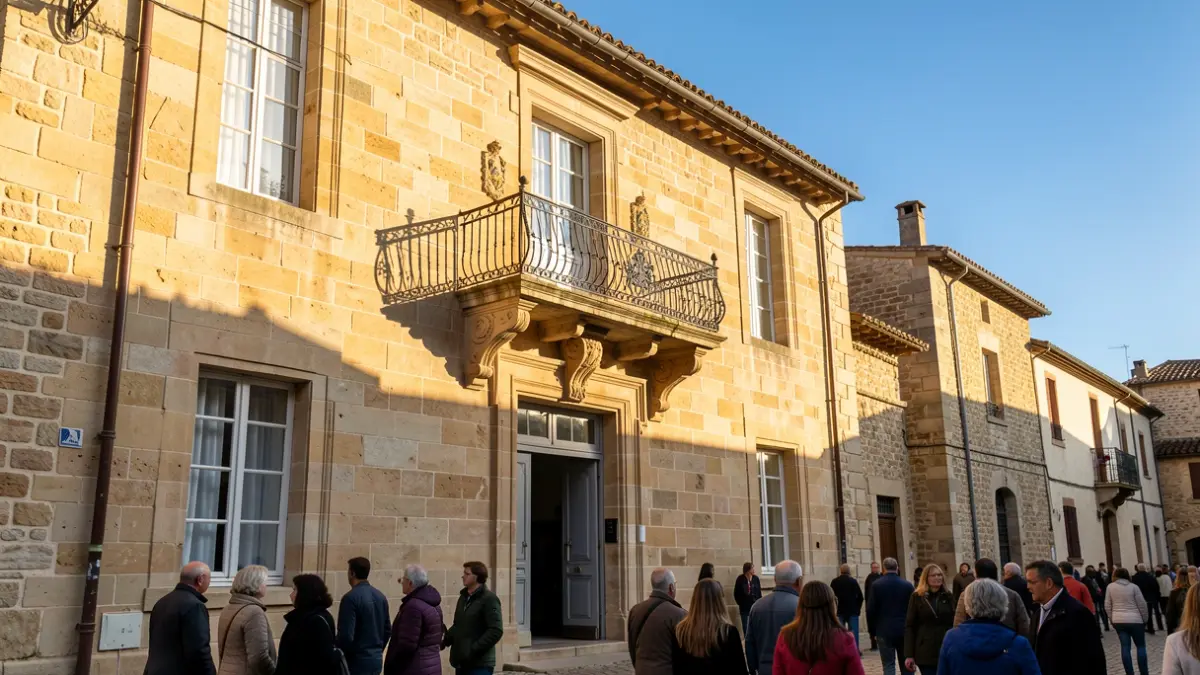 Image générique de la façade d'un hôtel de ville en pierre du Sud-Ouest, avec balcon et éclairage d'après-midi.