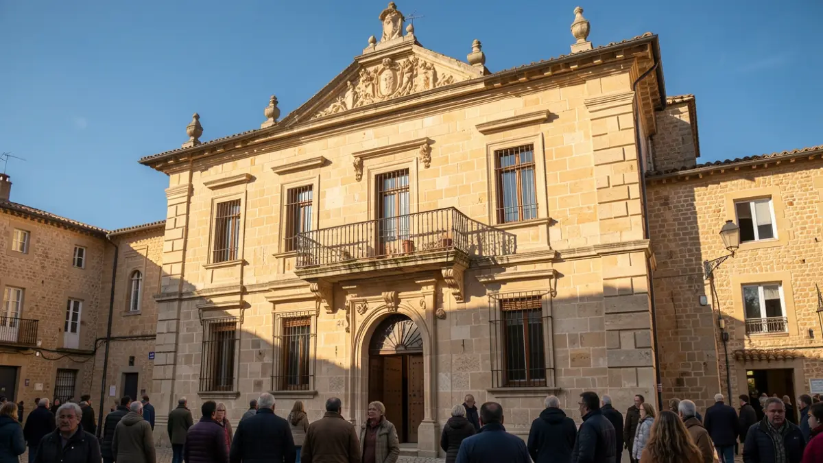 Generic image of a stone town hall facade in southern France, with a balcony and blue sky.