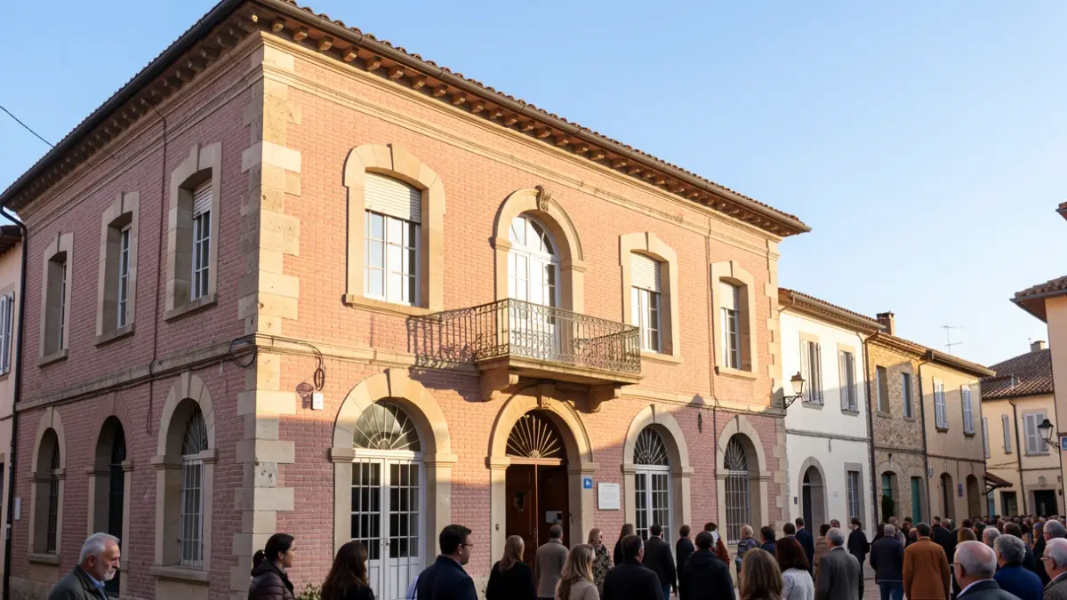Image générique de la façade d'un hôtel de ville dans le Sud de la France, avec un balcon en fer forgé et un ciel bleu.