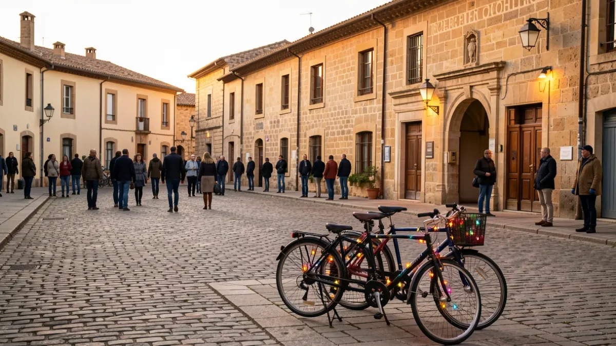 Generic image of bicycles decorated with lights in a village square in the evening.