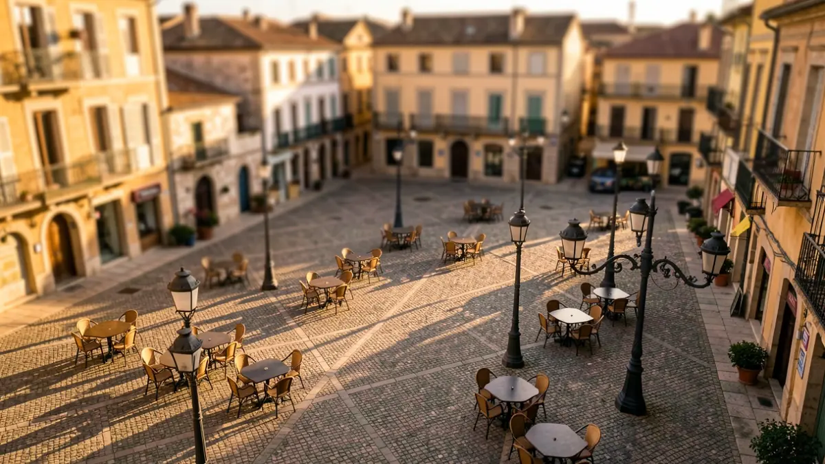 Image générique d'une place de ville méditerranéenne la nuit, avec des lampadaires et des chaises.