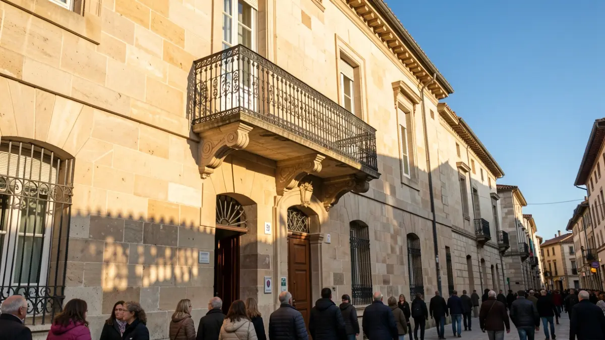 Generic image of a stone town hall facade in Southern France with an ornate balcony and iron railings, in warm afternoon sunlight.
