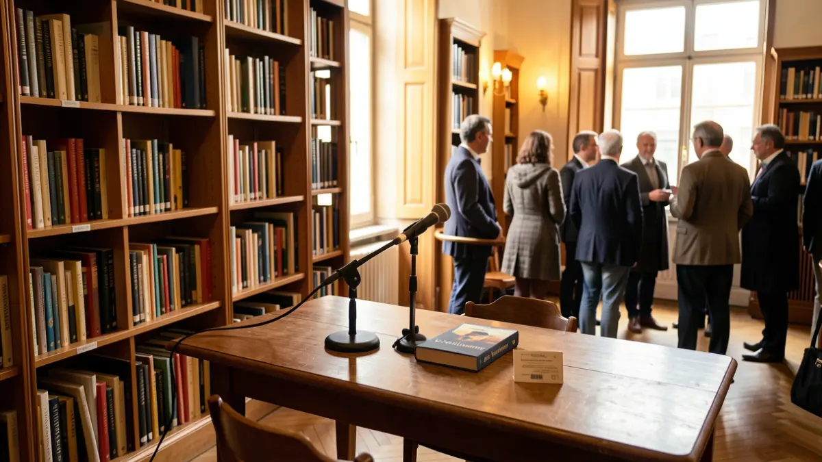 Intérieur de bibliothèque accueillant avec des étagères remplies de livres et une table d'auteur préparée.
