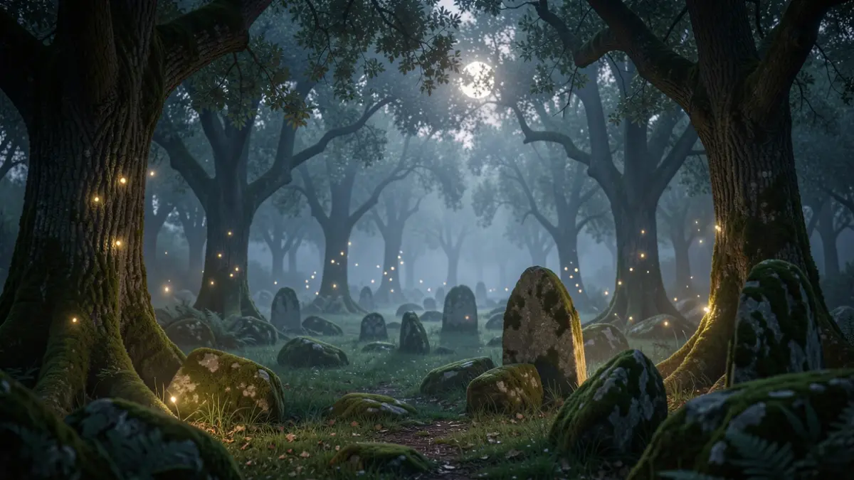 Generic image of a mystical forest clearing in Occitanie at dusk, with ethereal lights among ancient trees.