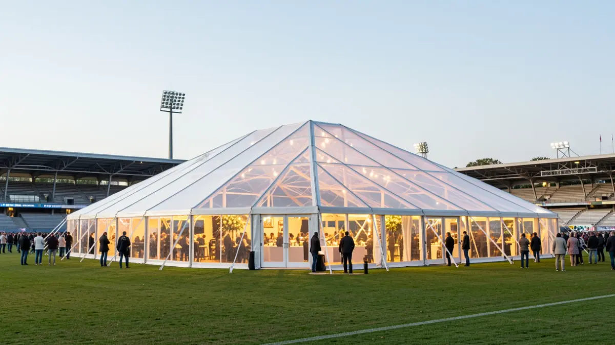Generic image of a clear-top tent set up in a sports park, illuminated from within.