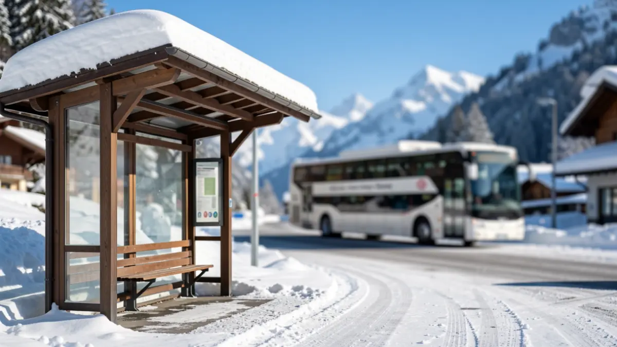 Bus stop in a Pyrenean ski resort, with a bus in the background.