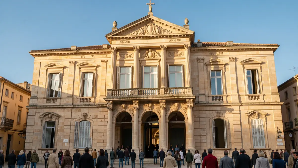 Facade of the Nîmes town hall, historic building with classical architecture, featuring ornate details and a prominent balcony. Warm afternoon sunlight illuminates the stone, casting soft shadows. A clear blue sky is visible above. Documentary photography style, Occitanie region.