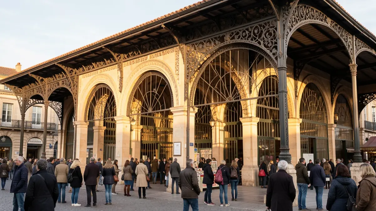 Image générique de la façade d'un marché couvert historique dans le sud de la France, avec des éléments architecturaux typiques et une lumière d'après-midi.