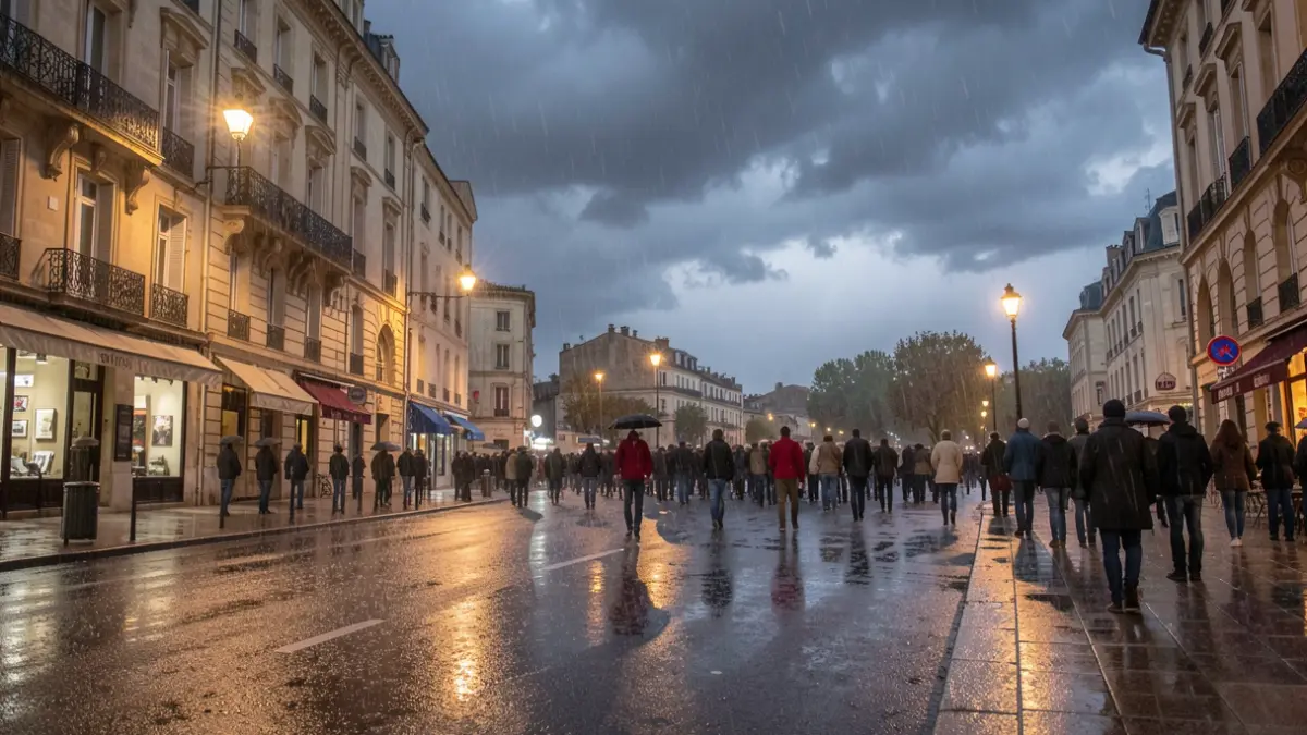 Generic image of heavy rain and dark clouds over a city, with streetlights reflecting on wet pavement.